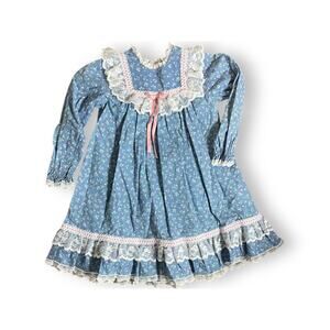 Vintage 80s Bryan Blue Ditsy Floral Ruffled Prairie Cottagecore Girly Dress Sz 5